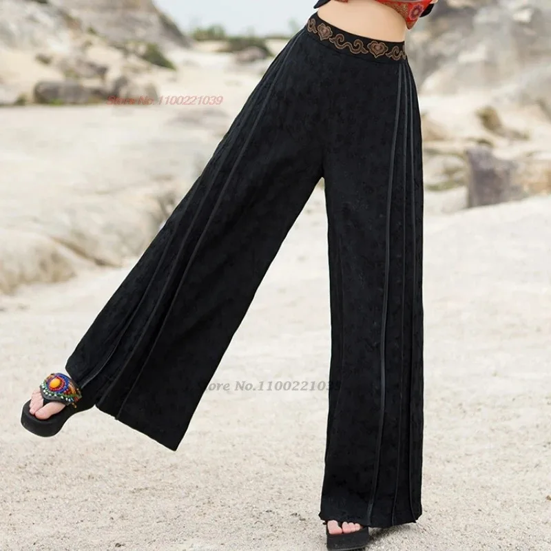 2025 chinois vintage taille élastique pantalon national satin jacquard folk pantalon femmes traditionnel jambe large pantalon ethnique pantalon