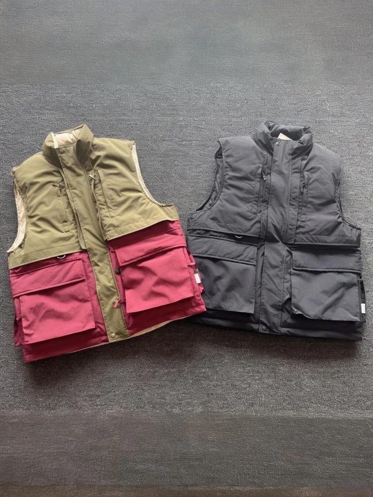 Mixed Colors Mens Sleeveless Down Jacket Stand Collar Multi Pocket Street Casual Cargo Vest Waterproof Thicken Warm Waistcoat