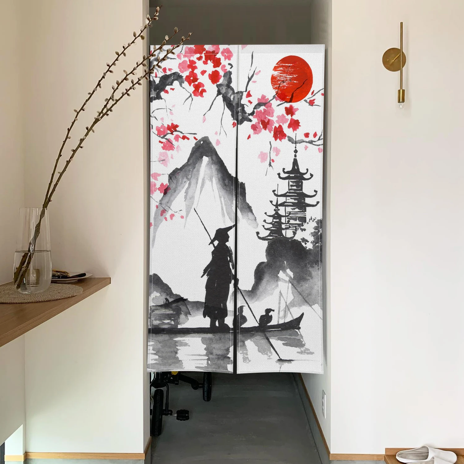 Japanese Plum Blossom Landscape Ink Door Curtain River Bamboo Sunset Nature Landscape Art Bedroom Partition Entrance Hanging