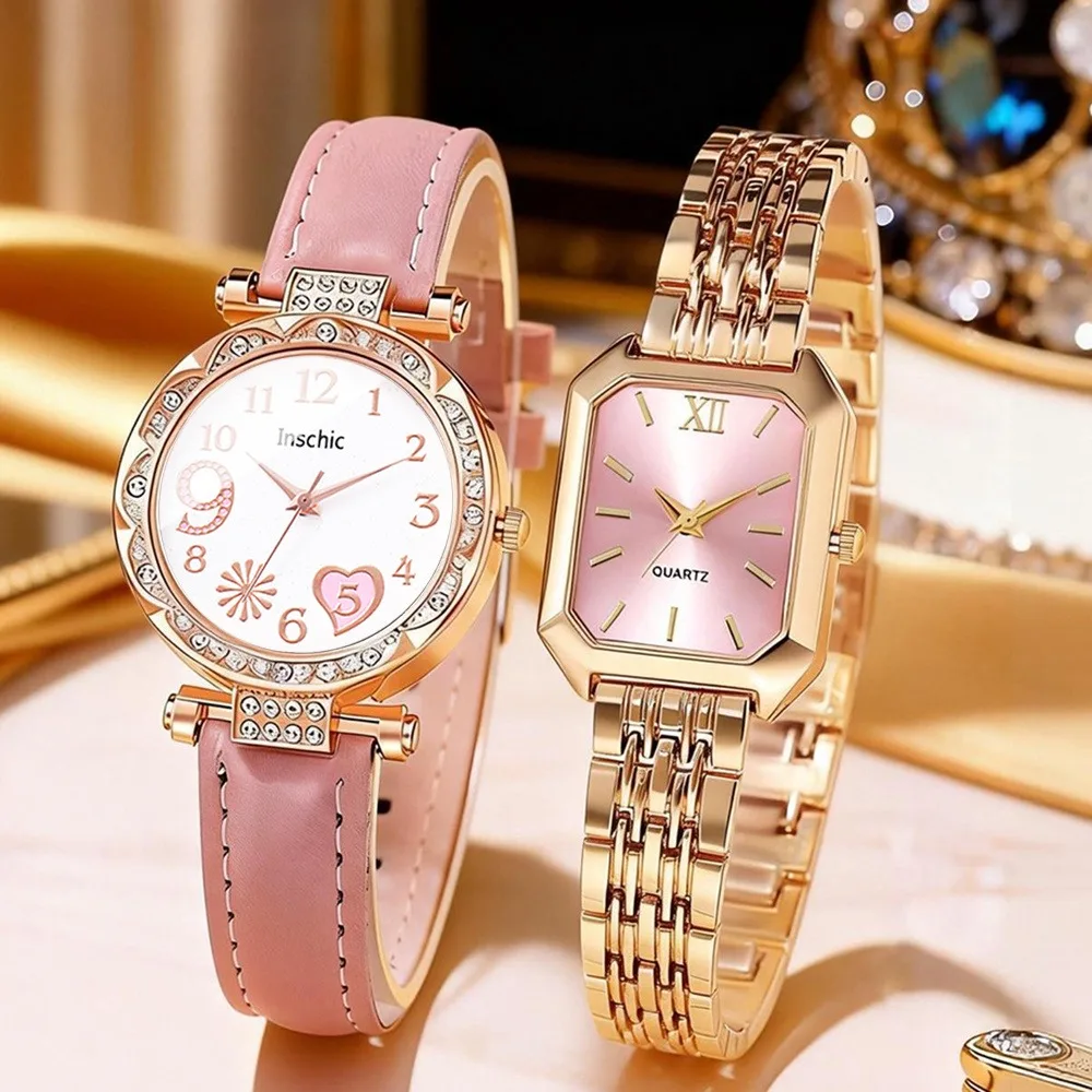 2pcs Luxury Women's Watch Set, Pink Round Leather Women's Watch + Golden Square Watch - Quartz Movement
