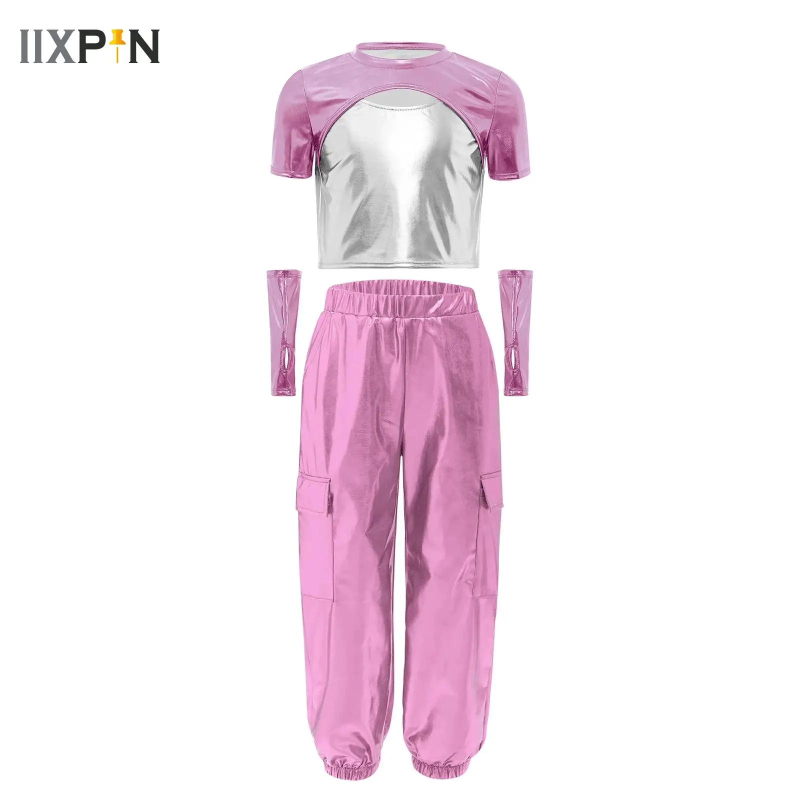 

Girls Hip Hop Metallic Top with Gloves And Jazz Cargo Pants Clothes Set Kids Street Dance Performance Child Costume Streetwear