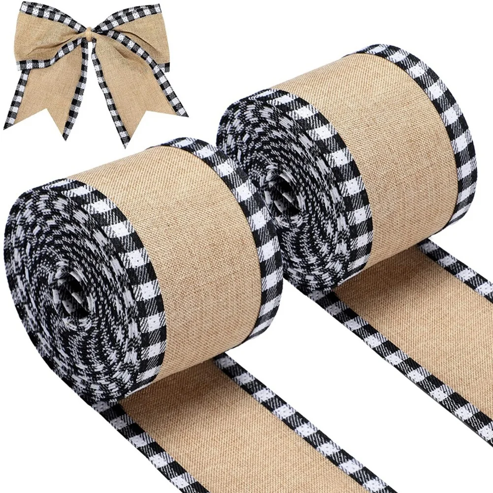 2pcs Red Black Plaid Ribbons Grosgrain Linen Ribbon Christmas Tree Decoration Bow Xmas Gift Wrapping Christmas Ornaments