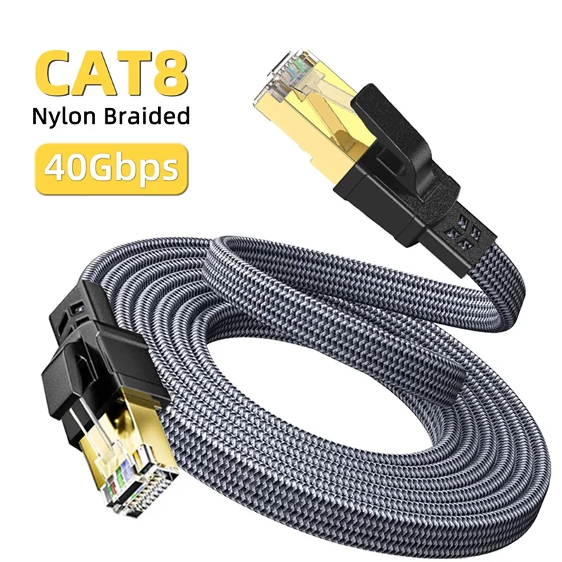 CAT8 Ethernet Cable 40Gbps High Speed RJ45 Gaming Flat Nylon Braided Cable For Internet PS5 Router Smart TV Server Patch Cable