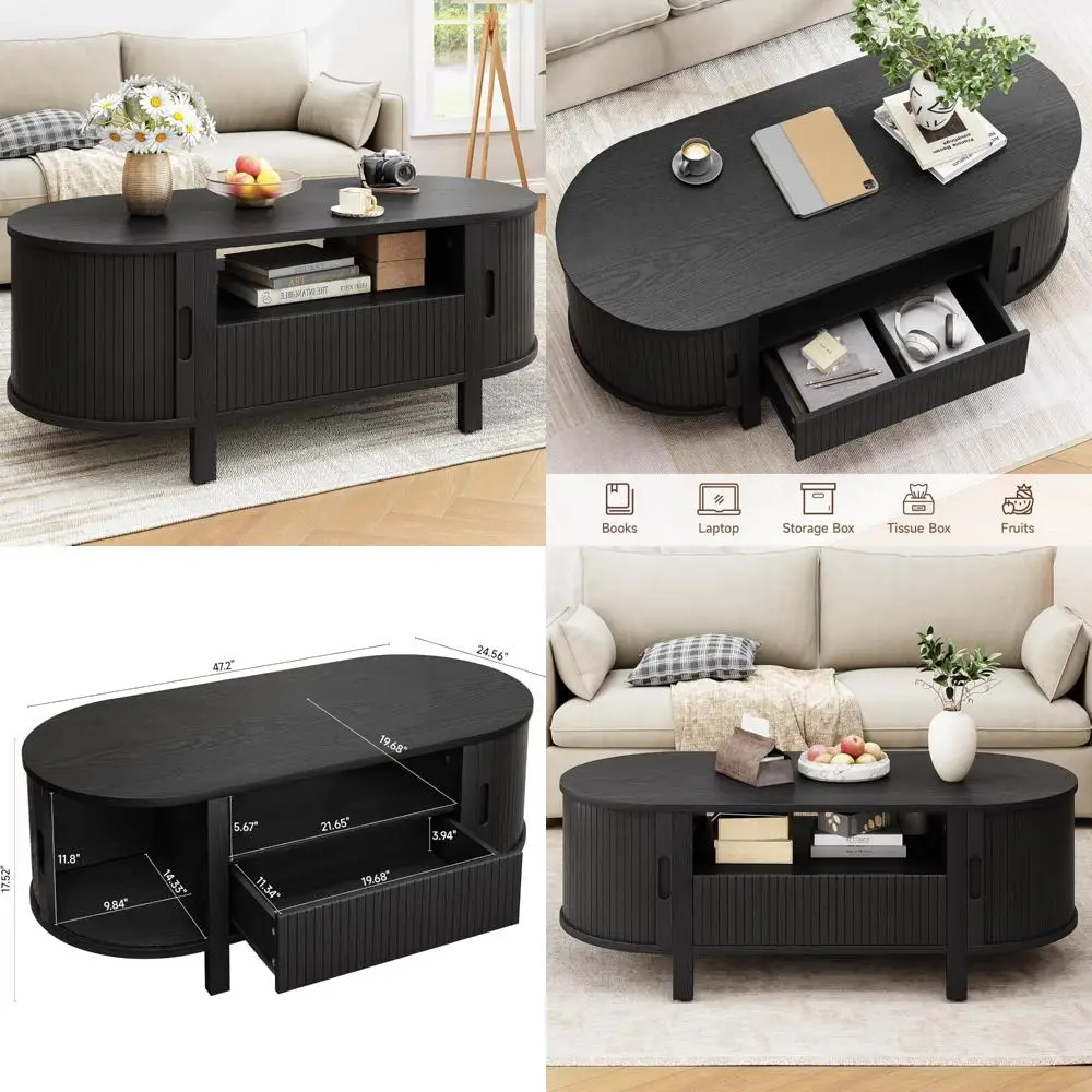 

Современный овальный журнальный столик середины века с выдвижным ящиком для хранения и раздвижной дверью