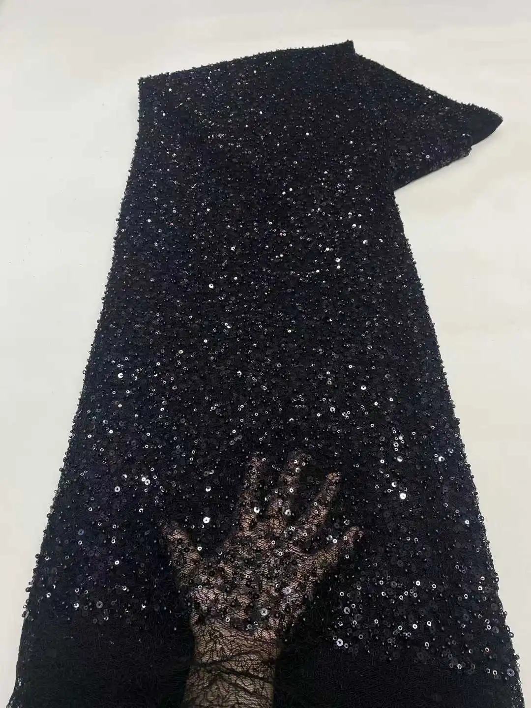 

2025 Latest Hot Sale Fashion African Lace Fabric High Quality Black Embroidery Lace With Beads Sequins Party For Wedding Dress