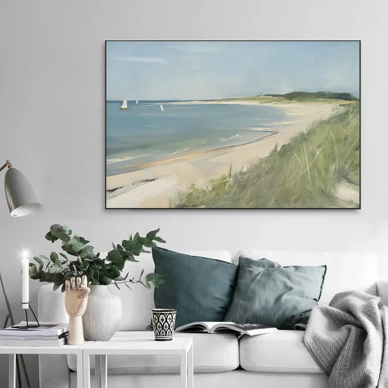 1PC frameless decorative art print,Summer Sea Costal Landscape Posters Vintage Beach Boat Modern Prints Canvas Painting Wall Art