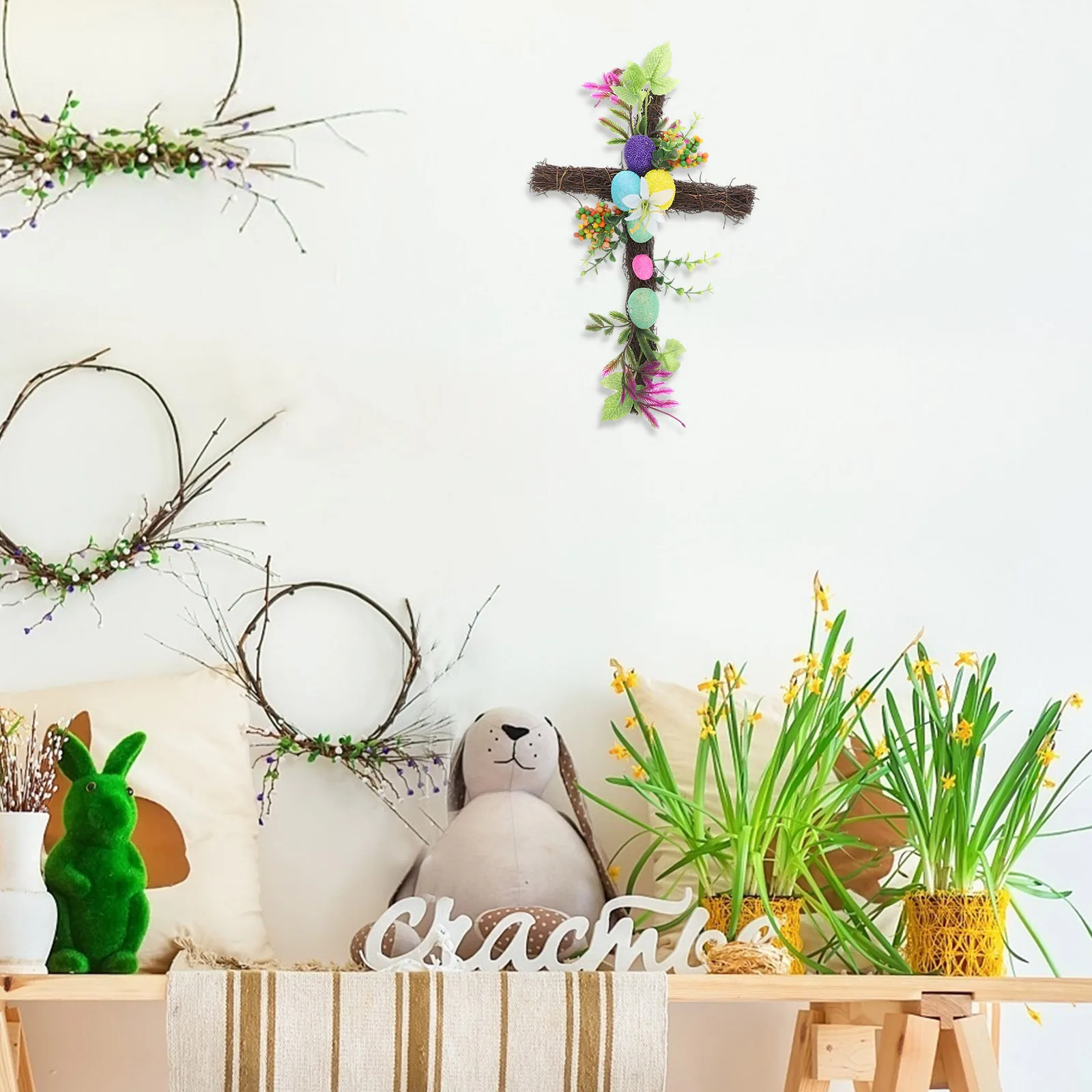 

Easter Wreath 30cm Cross Shape Decor Farmhouse Wreath for Wall Door Spring Outdoor Indoor Greenery Celebrations