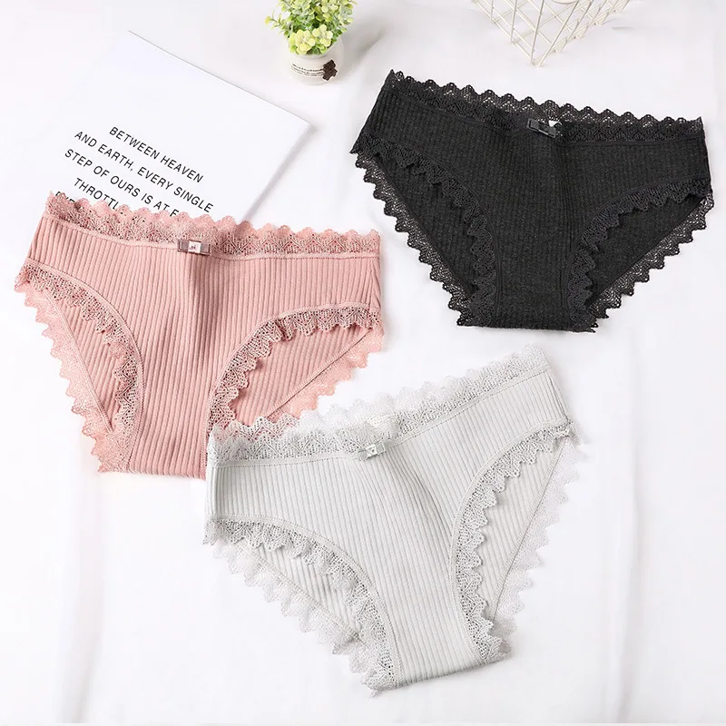 3PCS/Lot Sexy Briefs Women Middle Waist Cotton Underwear Bowtie Panties Breathable Lace Intimates Antibacterial Crotch Lingere