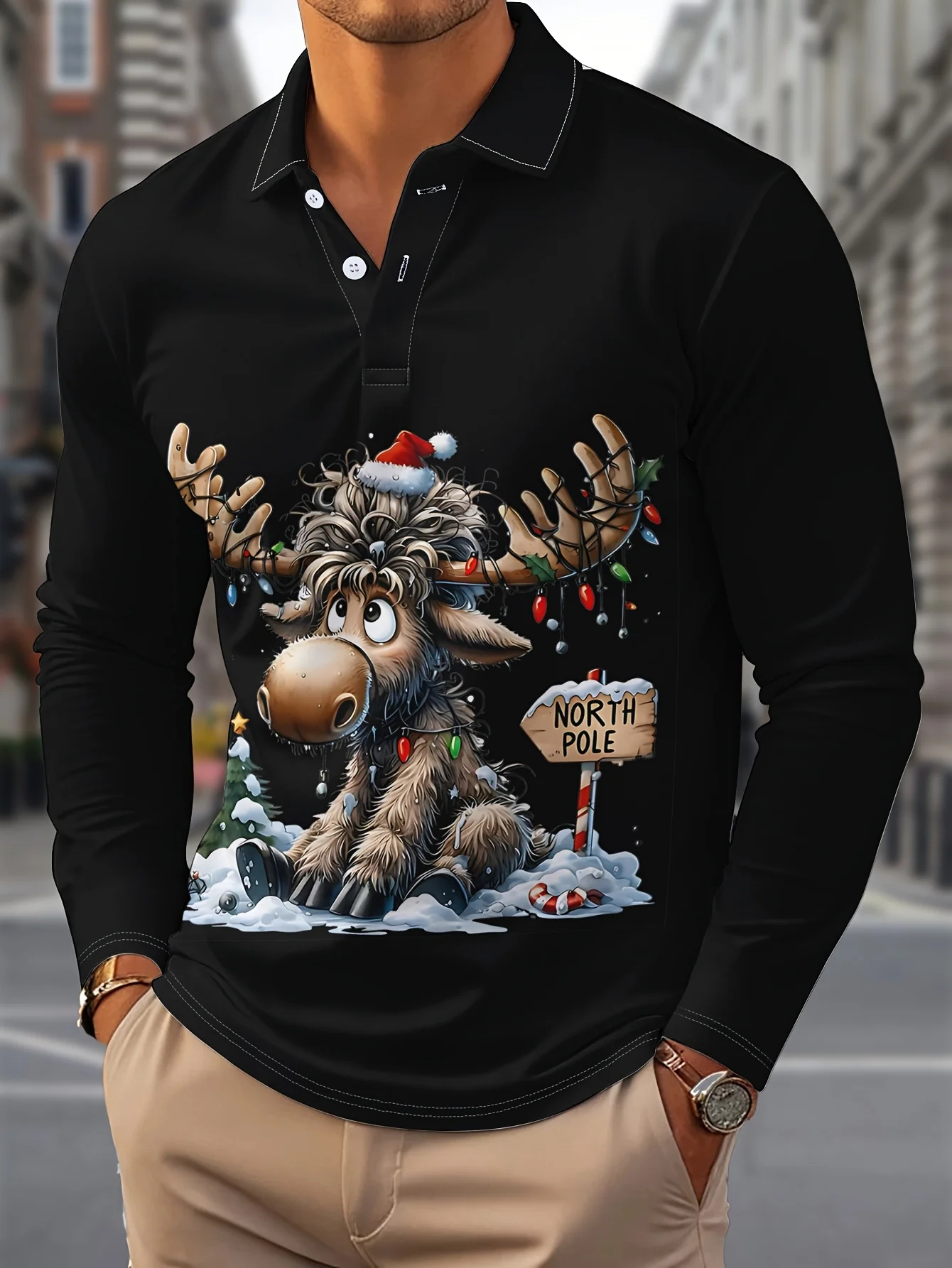 Merry Christmas Christmas reindeer Button-Down Men's Long Sleeve Polo Shirt Fashion Holiday Autumn Lapel 3D Printed Shirt Tops