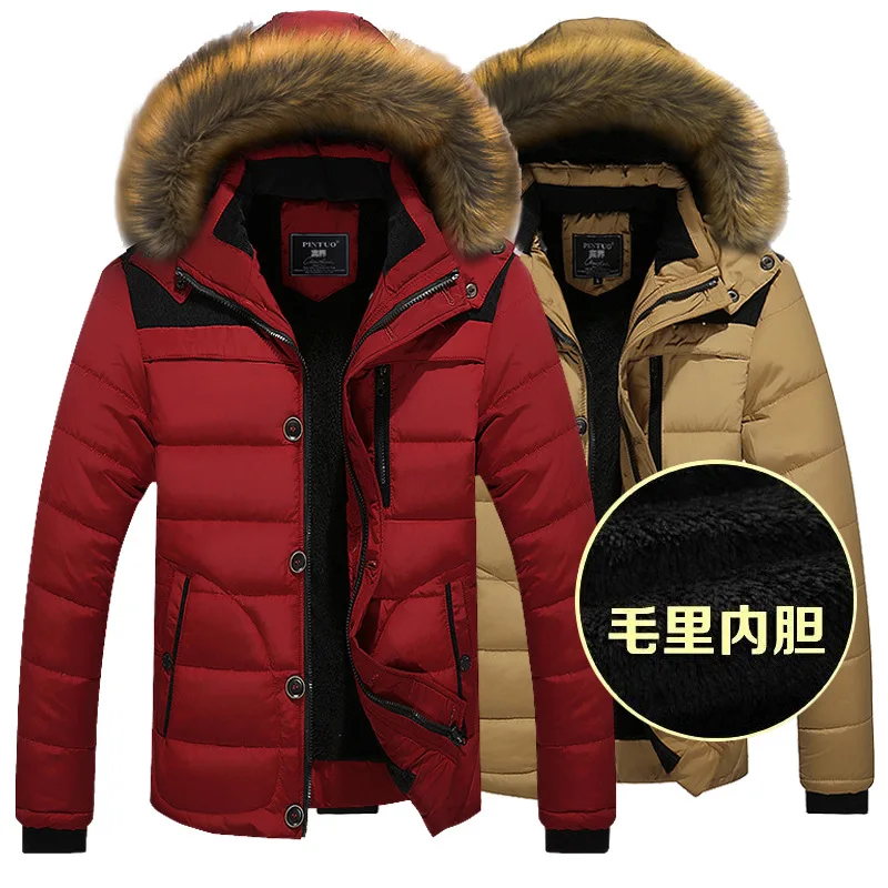 Winter New Men Warm Cotton Jacket Coats Fur Collar Hooded Parka Down Jackets Outerwear Thick Male Warm Overcoat Wool Liner Coat