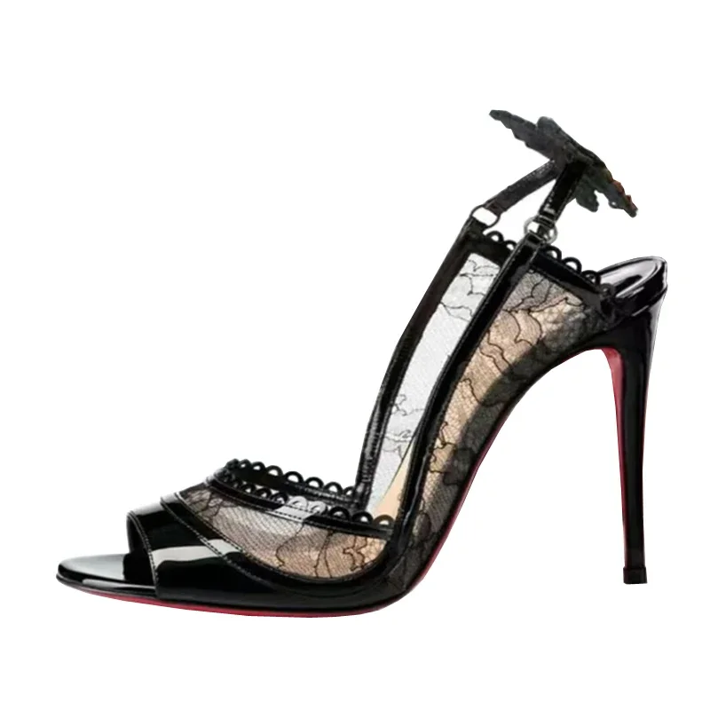 Tacchi alti con suola rossa in pizzo, tacchi slim da donna, nuove scarpe da sposa sexy scavate, scarpe singole a bocca di pesce in pelle verniciata nera