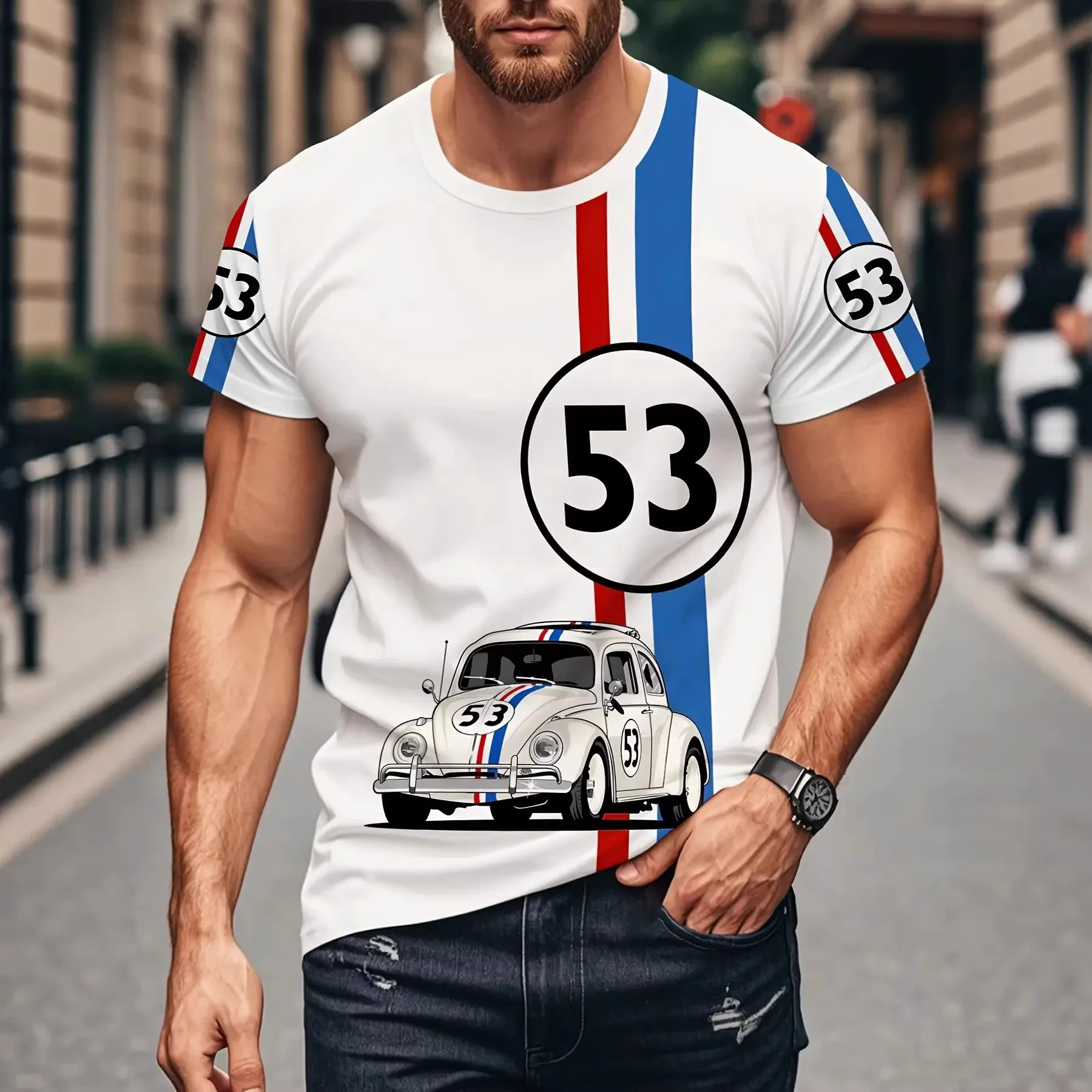 Men 3D Print Herbie 53 Beetle Racing T Shirt Red Blue Stripes ClassicCarGraphicTeeSummerCasualShortSleeveO-NeckStreetwearT-shirt