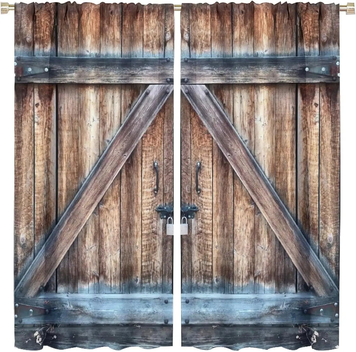 Rustic Country Kitchen Curtains, Retro Farmhouse Barn Door Wooden Board Pattern 2 Panels Window Rod Pocket DecorateCurtain for
