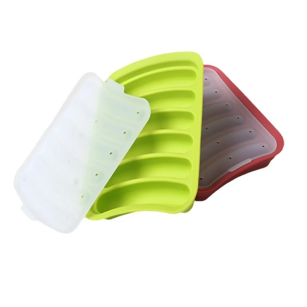 1 Uds molde de salchicha de silicona 6 cavidades pan de hielo casero bandeja de Chocolate de caramelo molde DIY molde para hornear salchichas de huevo de perro caliente con tapa
