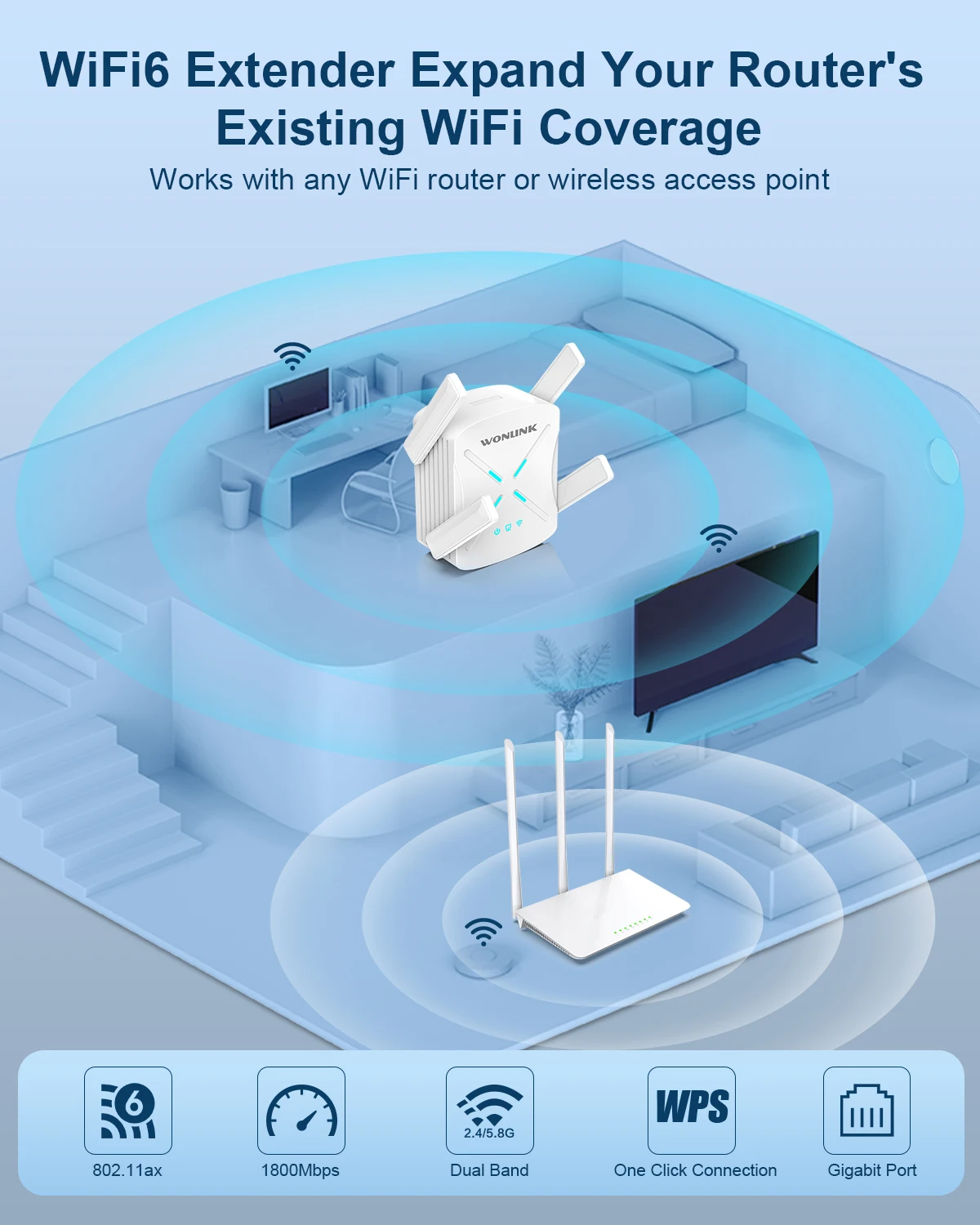 Long Range Signal Expansion Booster Antena WiFi6 Repetidor, Wi-Fi Router, Banda Dupla, 2.4G, 5G, 802.11AX Gigabit, 6 Extensor, AX1800