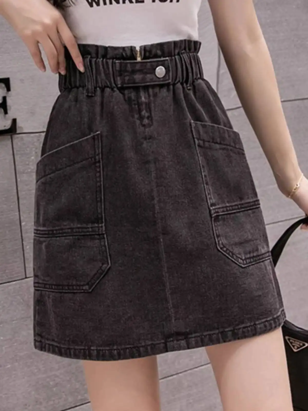 

2026 New Summer Women's Plus Size High Waist A Line Denim Skirt Waist Cinch Zipper Bodycon Mini Skirt Casual Daily Wear
