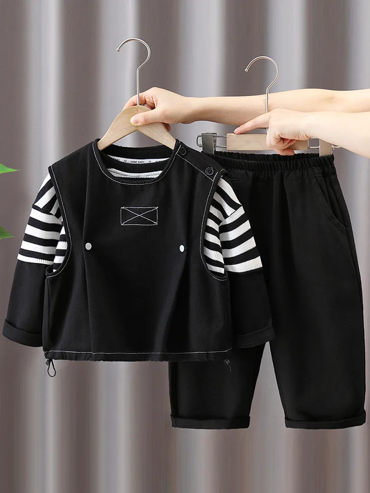 Children's Spring and Autumn Leisure Suit Boys and Girls' Fashion Vest + T-shirt + Pants 3 piece Set Very Cool Street Clothes