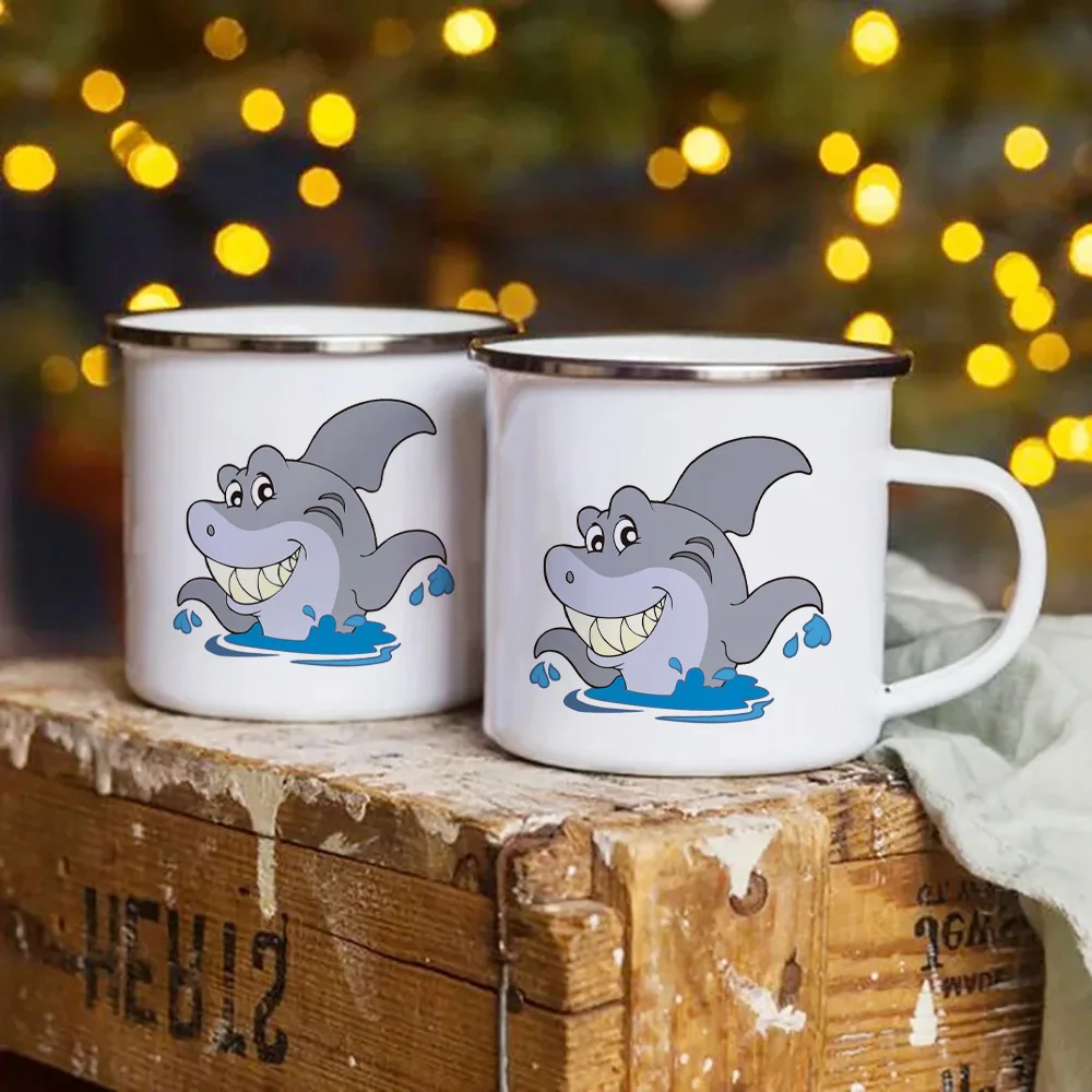 Cartoon Happy Shark Print Enamel Cup Gift for Children Metal Cup Funny Coffee Cups to Sublimate Custom Mug Kawaii Cupshe Mugs