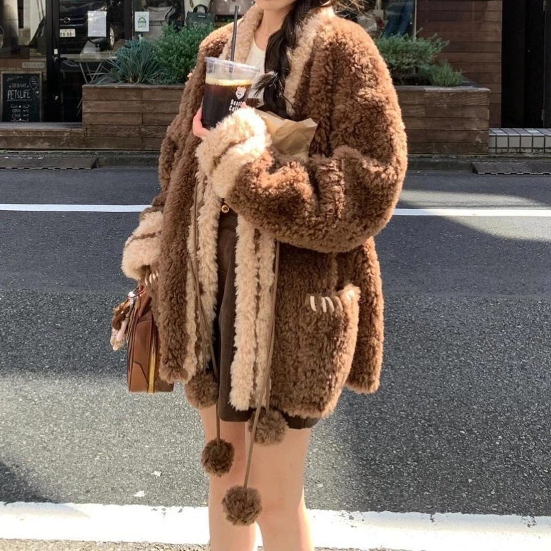 Abrigo grueso de estilo universitario para mujer, nuevo abrigo holgado y perezoso para mujer, Top de otoño e invierno