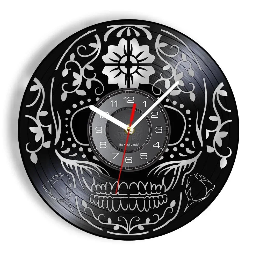 Skull Day of The Dead Laser Cut Longplay Wall Clock Gothic Style Decor Skeleton Dia De Muertos Indian Culture Silhouette Watch