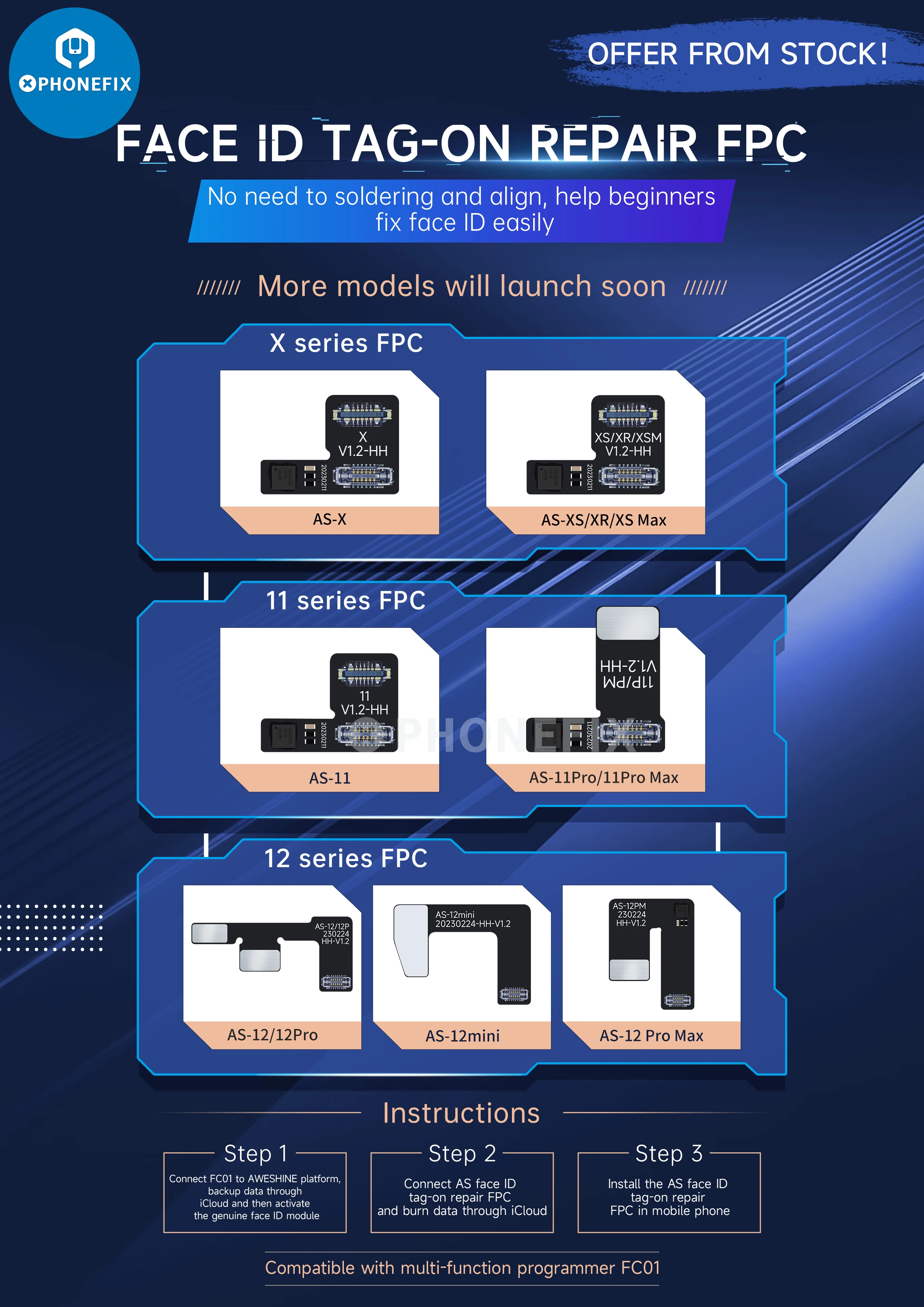 Aweshine FC01 programmatore di riparazione della batteria a matrice di punti per iPhone X a 14Pro Max Face ID per strumento di sostituzione Non rimozione Flex JC-ID