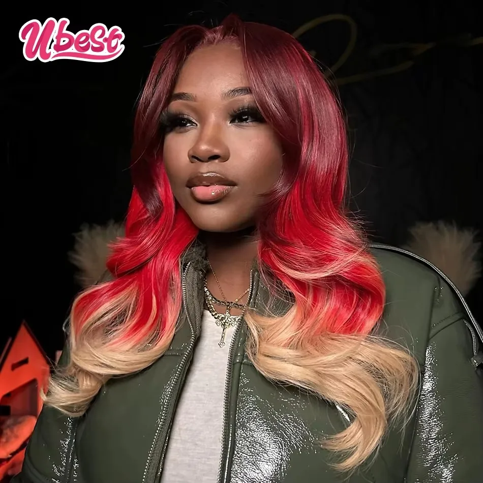 

Ubest 13X6 Transparent Lace Front Wigs Body Wave Human Hair Ombre Red Honey Blonde Colored 5X5 Closure Wig Pre Plucked For Women