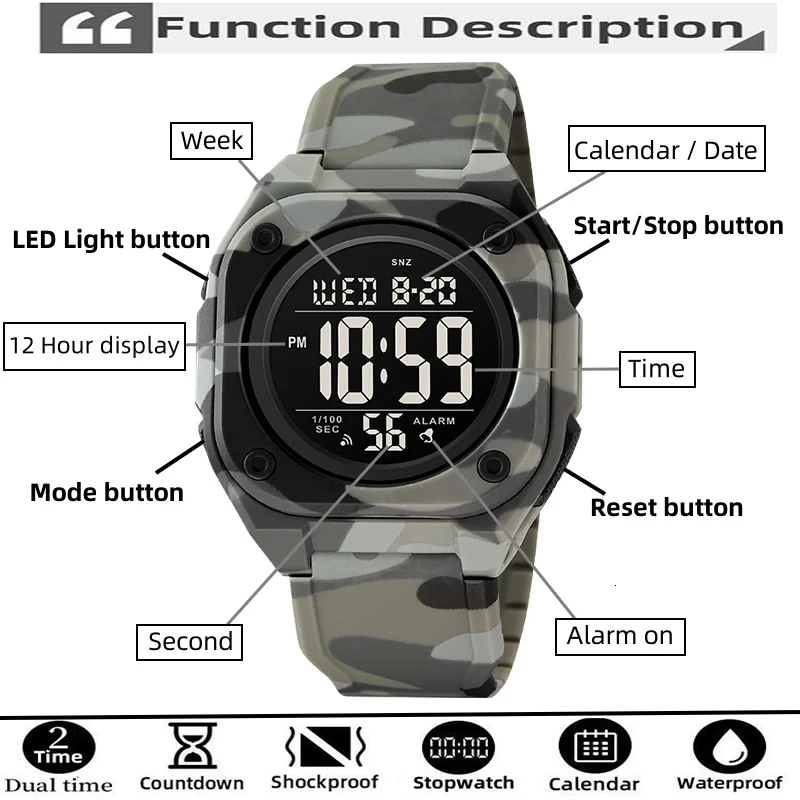 Skmei Digital Watches for Mens LED Waterproof Sports Dual Time Fashion TPU Strap Multiple Function Electronic Alarm Clock