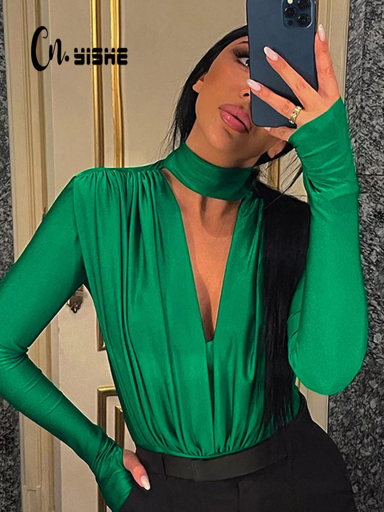 CNYISHE Fashion Deep V-neck Long Sleeve Skinny Bodysuit Rompers Women Jumpsuits Office Lady Sexy Slim Bodysuits Overalls Tops