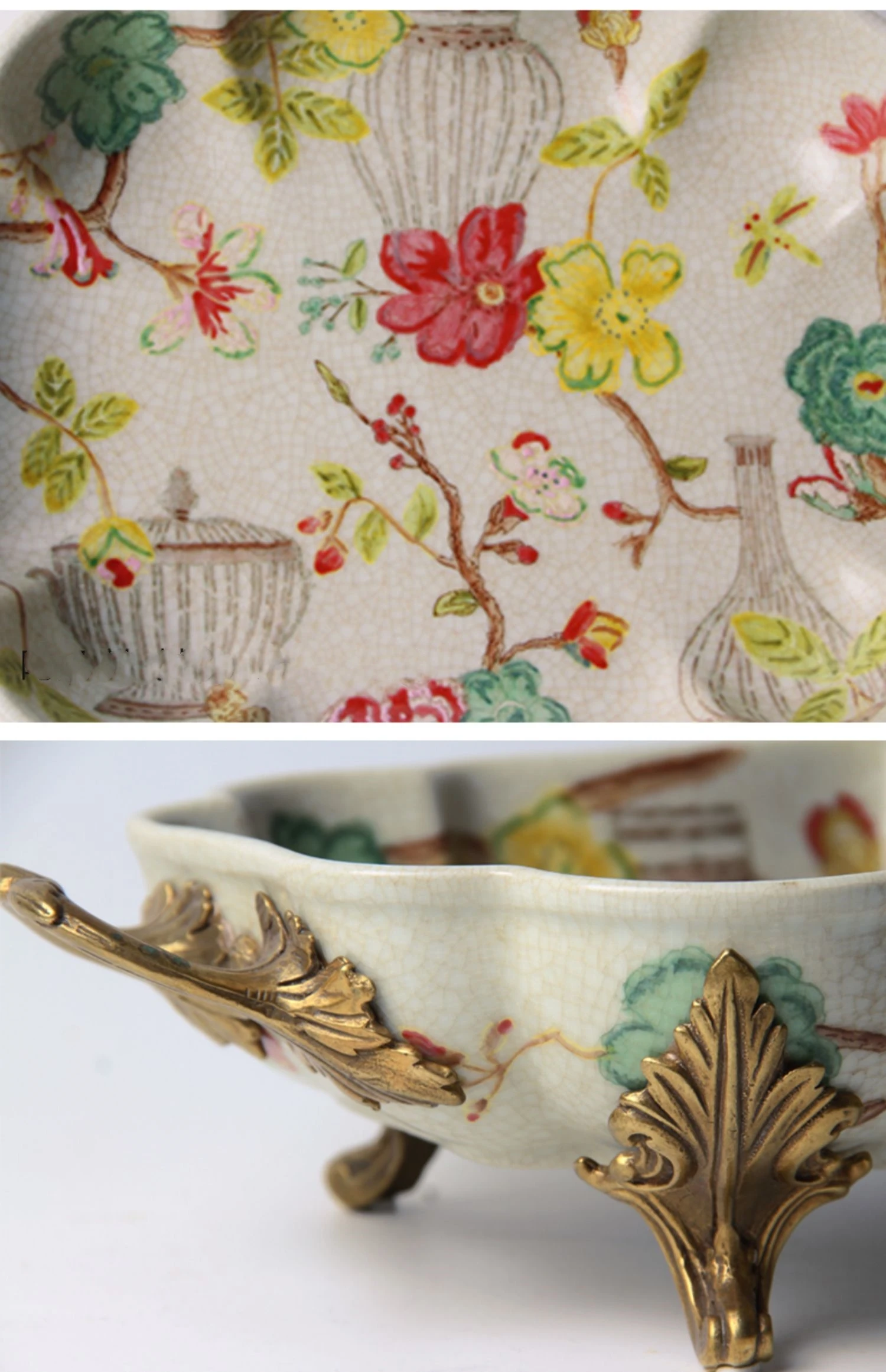 ديكور منزلي من السيراميك مستطيل من النحاس الذهبي، صينية فواكه مجففة، طبق زخرفي فاخر، مقبض معدني حديث