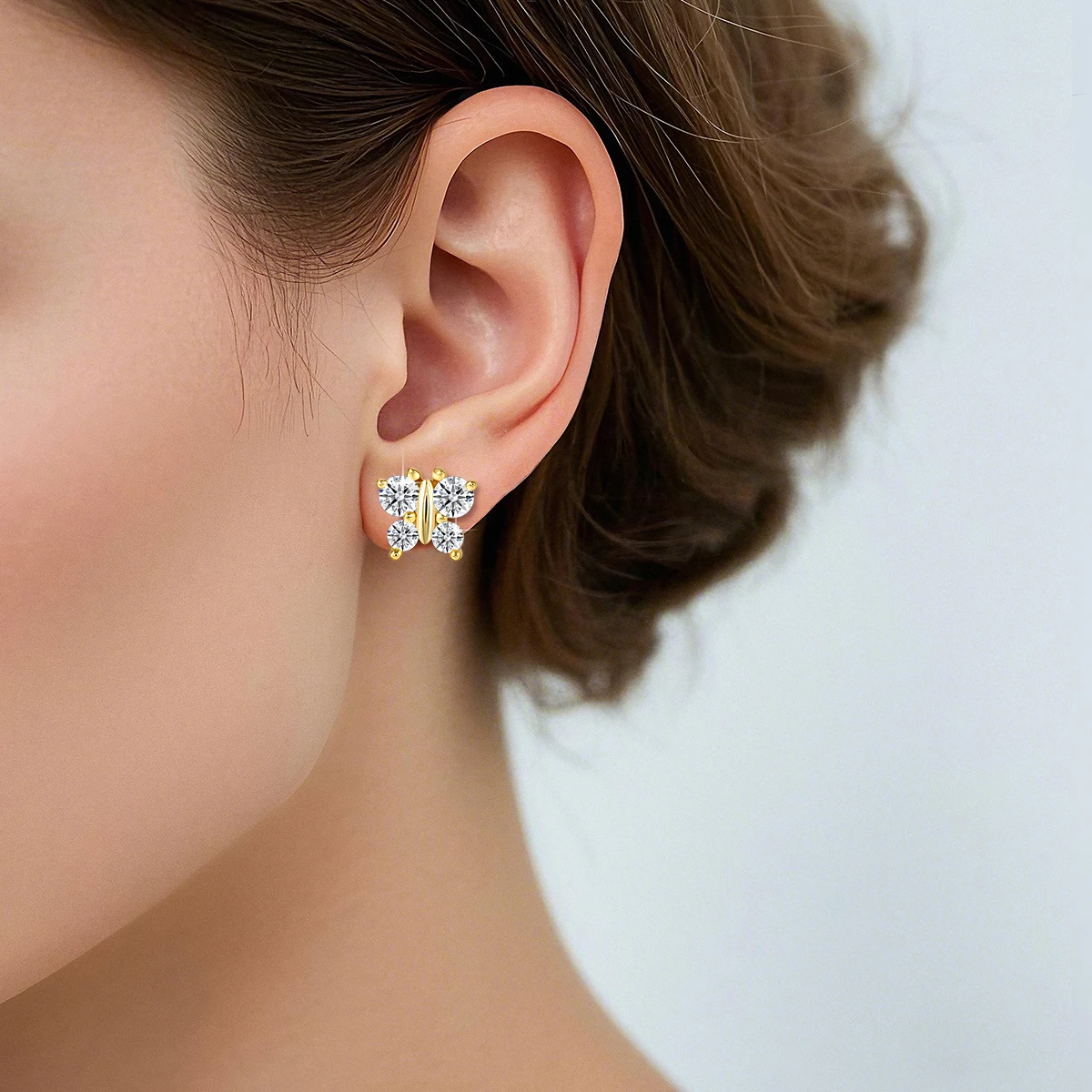 

100% Натуральные золотые серьги-гвоздики AU585 14K с милыми муассанитами в форме бабочек для женщин и девушек, модные гипоаллергенные украшения для пирсинга ушей