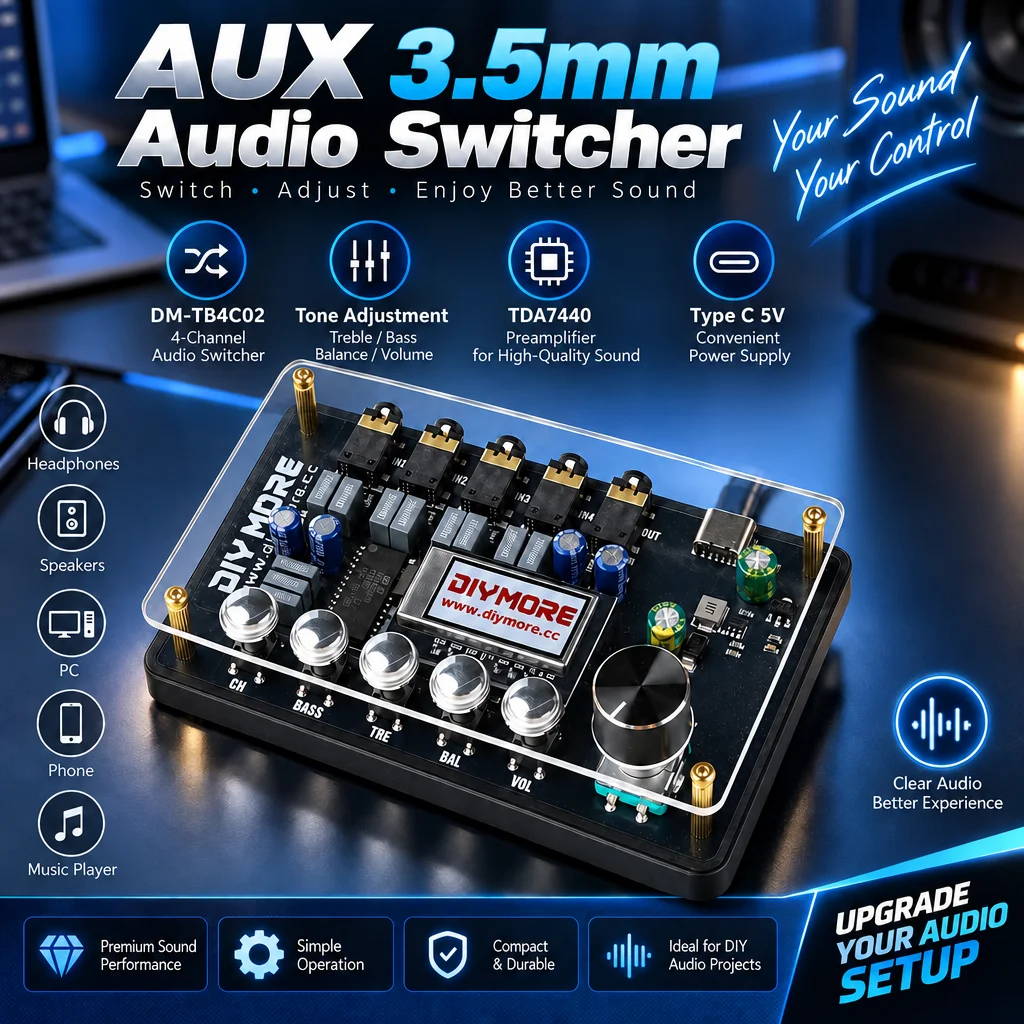 AUX 3.5mm 4 CH Audio Switcher with Tone Control TDA7440 Preamp CW Version Audio Switching Control Module with Display Type-C 5V