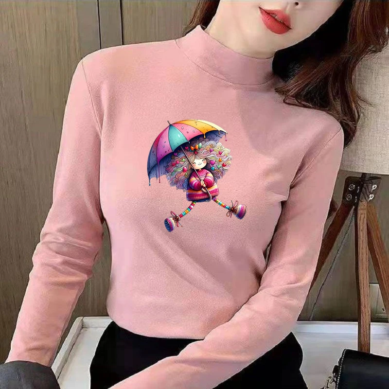 Winter Women's Thermal Brushed Fleece Half Mock Neck Long Sleeve T Shirt Rainbow Umbrella Girl Playful Legs Up Graphic Warm Tee