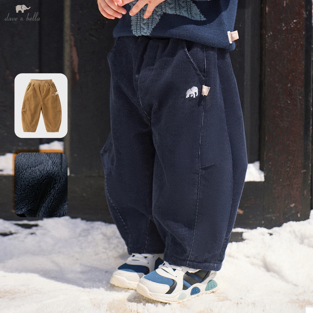 Dave Bella Boys Fleece-lined Corduroy Pants for Children Thicken Winter Warm Pants 1-7 Years Straight Elastic Trousers DB4264119