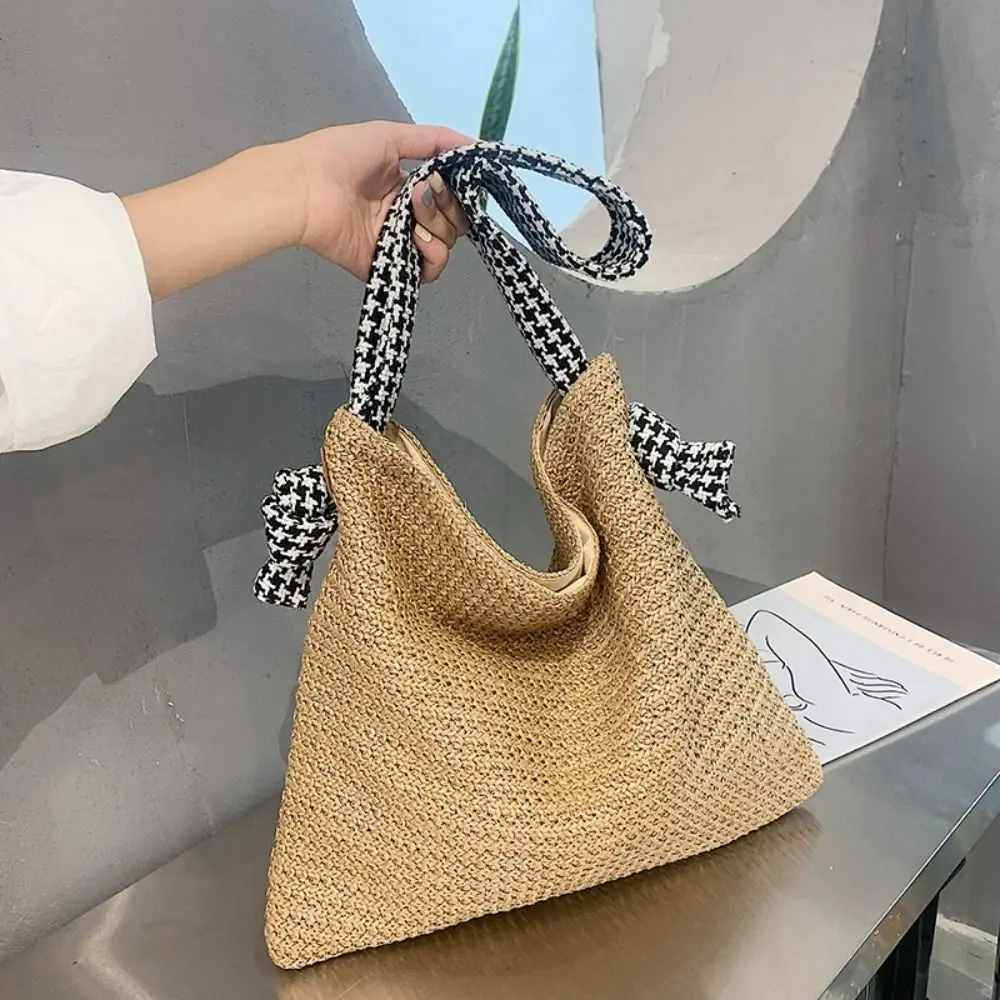 

Portable Bohemian Straw Shoulder Bag Houndstooth Hollowed Out Weave Tote Bag Large Capacity Handbag Beach Bag Picnic