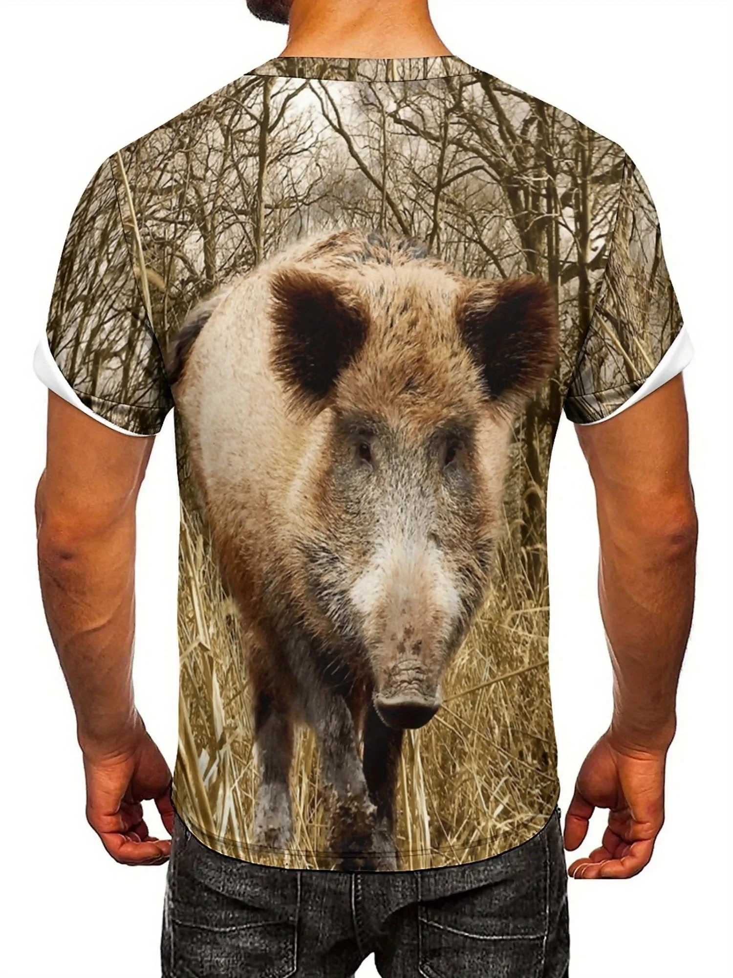 تي شيرت رجالي برسومات ثلاثية الأبعاد بطبعة الخنزير - تي شيرت بوليستر ناعم كبير الحجم مع تي شيرت بتصميم مموه