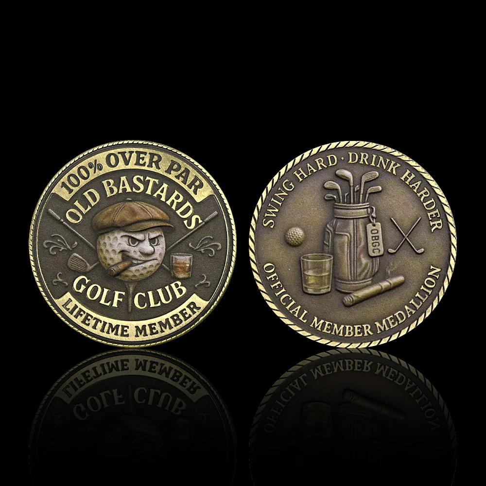 Vintage Golf Member Medallion Coin “Swing Hard Drink Harder”, 3D Relief Antique coin Golf Bag Clubs Ball replica Funny Gift