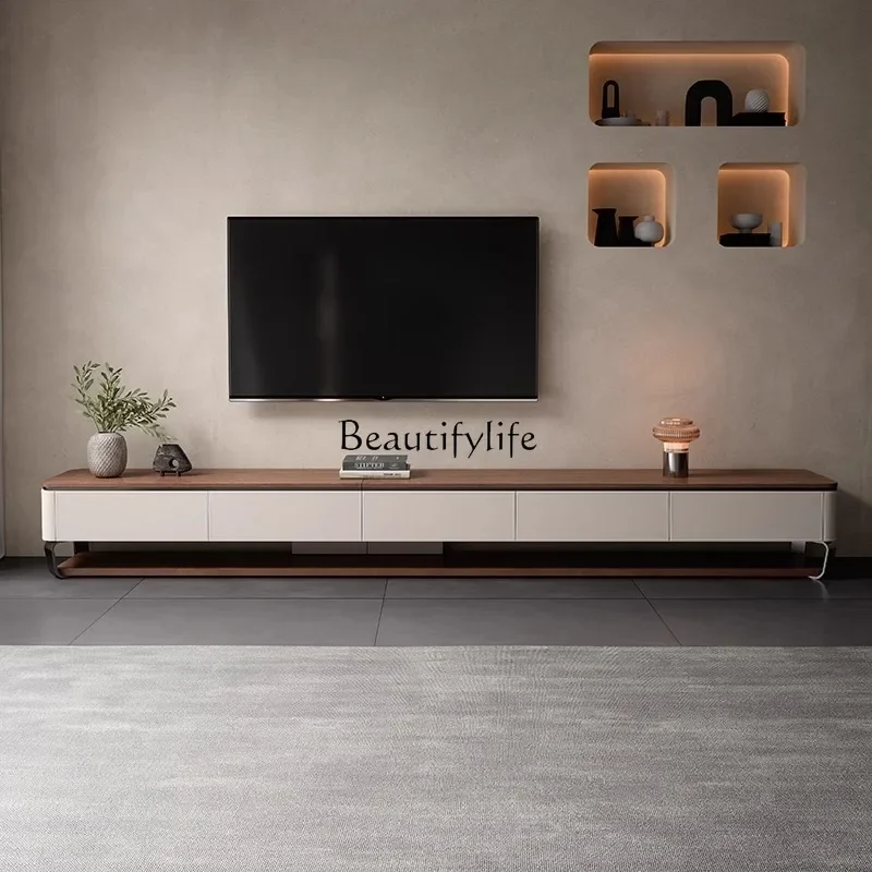 LJY*Walnut TV Cabinet Living Room Premium Storage Retro Style Saddle Leather Solid Wood Cabinet