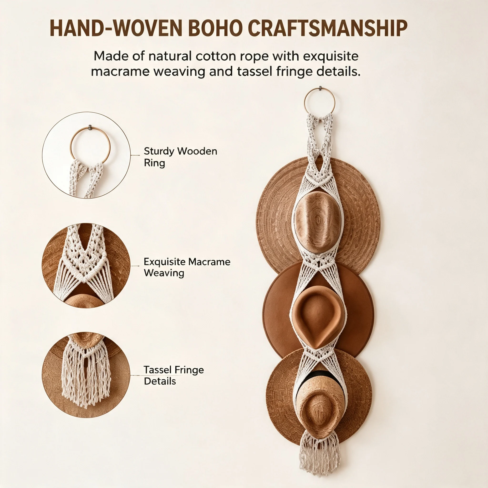 Macrame Hat Holder Boho Wall Hat Storage Organizer Tassel Woven  Hat Display Rack for Bedroom Closet Home Wall Decoration