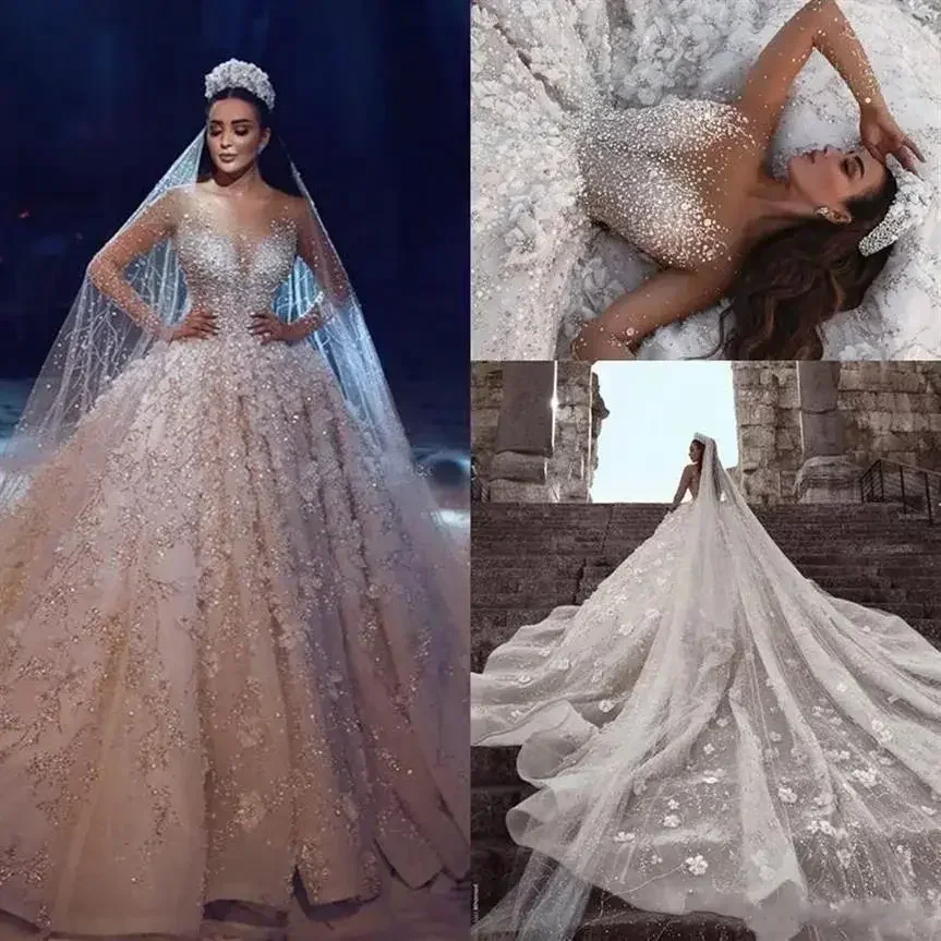 Customized Ball Gown Wedding Dresses Sheer Neck Long Sleeves Beading Flowers Tulle Saudi Arabic DuBai Bridal Dresses Cathedral