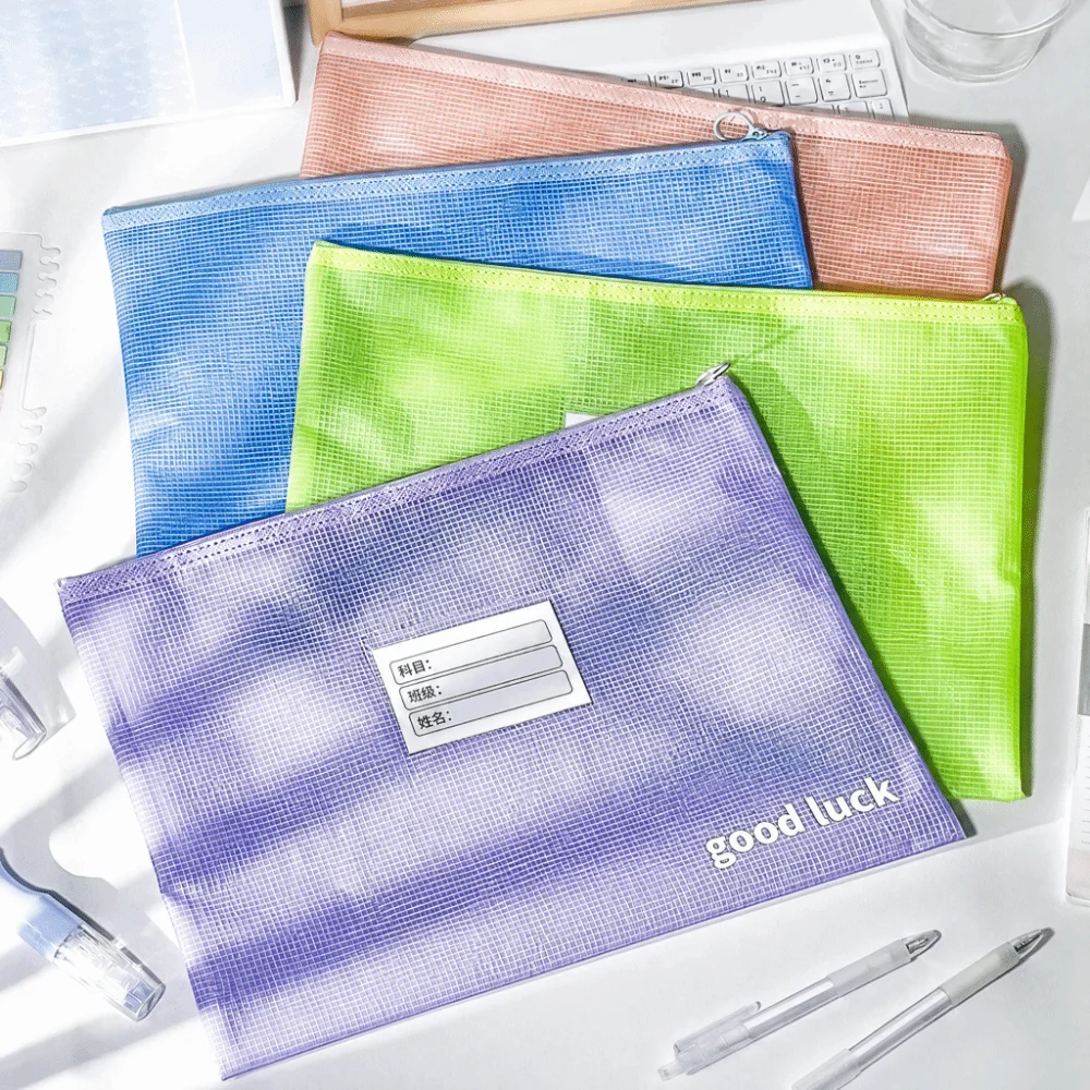 Multi-functional Mesh A4 File Bag Soft Foldable Large Capacity Document Pouch with Label Pocket File Folder Gift