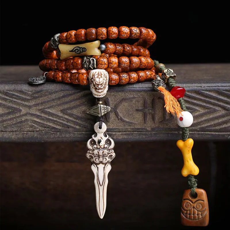 Jade-Like Crackle-Patterned Old Material Xingyue Bodhi Seed , 108-Piece Buddhist Prayer Beads With Vintage Bone Thre