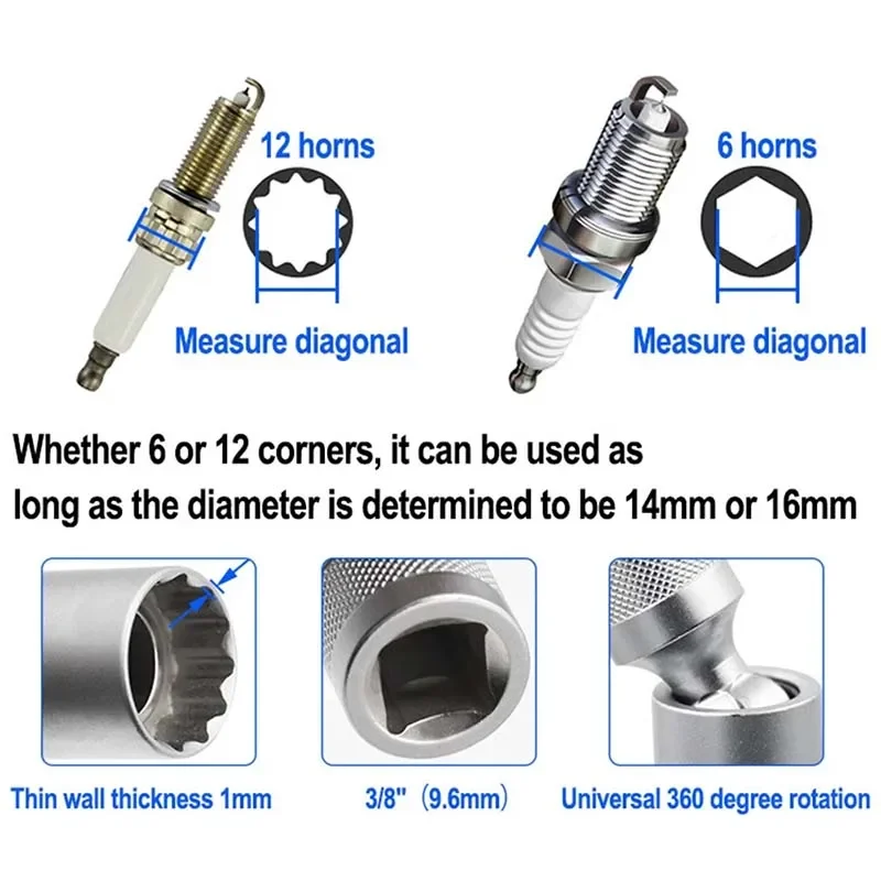 Car Spark Plug Socket Spark Plug Wrench 3/8 Magnetic 12 Corner Thin Wall 14/16MM Spark Plug Removal Car Repair Tool