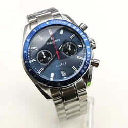 40MM Men's Chronograph Running Quartz Watch VK64 Movement Solid case Quartz Men's Watch Waterproof Blue Dial Steel Bracelet