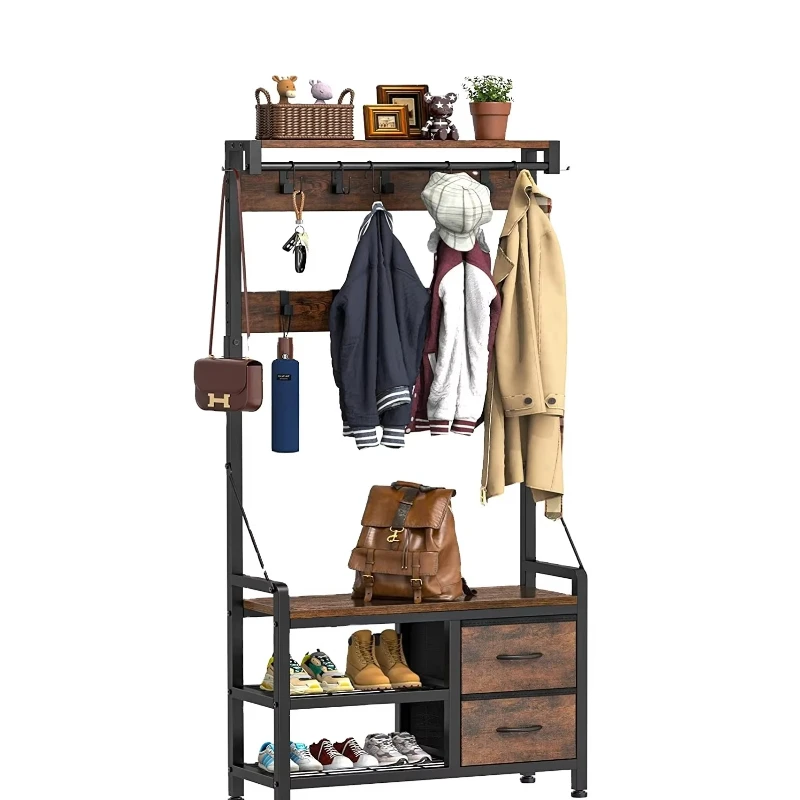 

Entrance Bench Freestanding 4-in-1 Smart Design Shoe Stool and Ledge Coat Rack