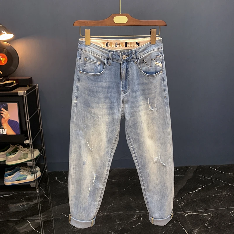Nuevos Jeans de Mezclilla Azul Claro para Hombre, Verano 2026, Delgados, a la Moda, Corte Holgado, Ajustado, Elásticos, Estilo Harlan, Pantalones de Nueve Piezas, Casuales para Jóvenes