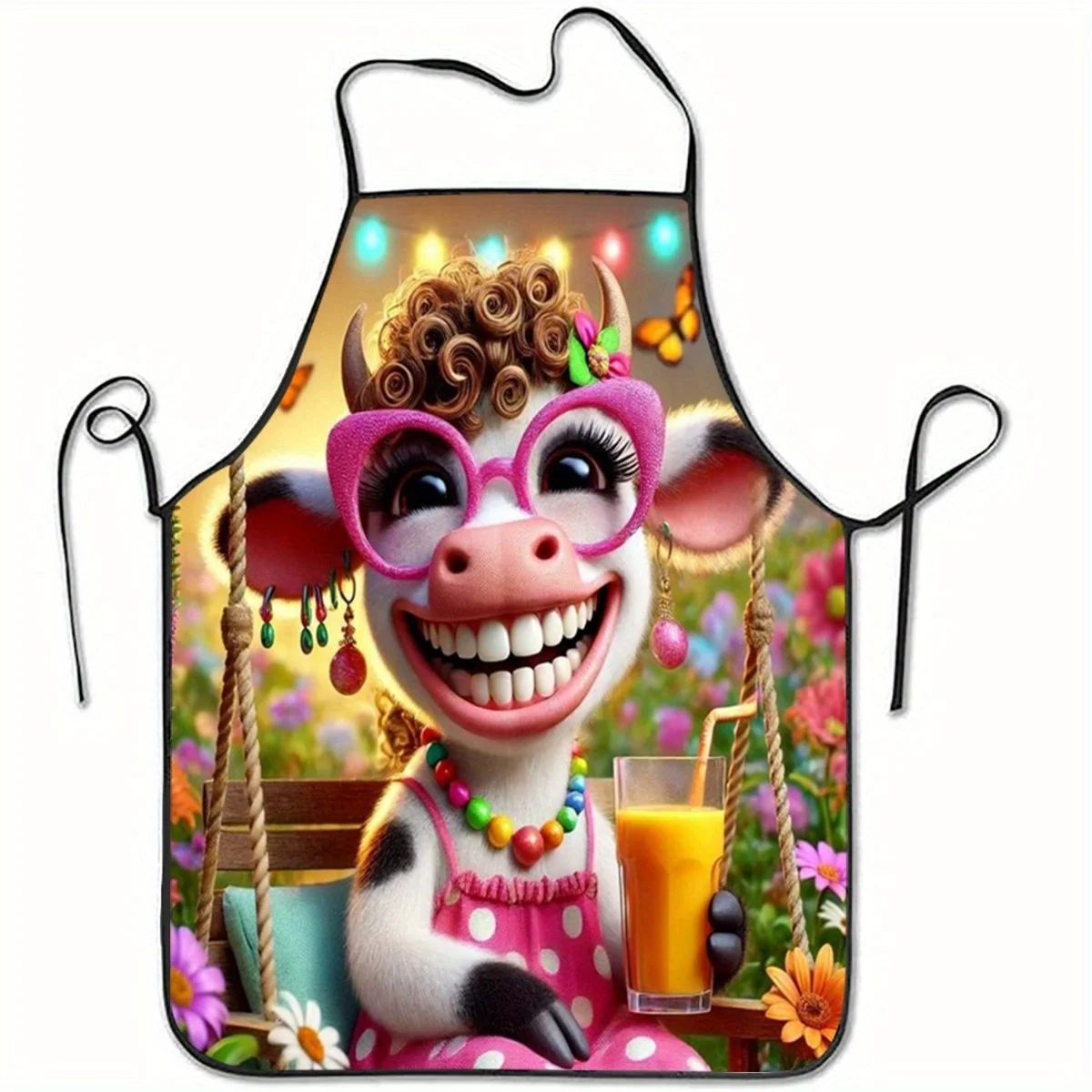Cheerful Cow-Themed Sleeveless Apron - Vibrant Cartoon 2D Flat Print, Durable Kitchen Apron for Easter, New Year, Christmas