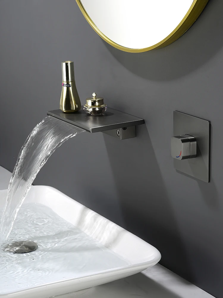 

All-copper waterfall faucet is concealed in the wall-type pre-embedded wall, and the washbasin is hot and cold faucet.