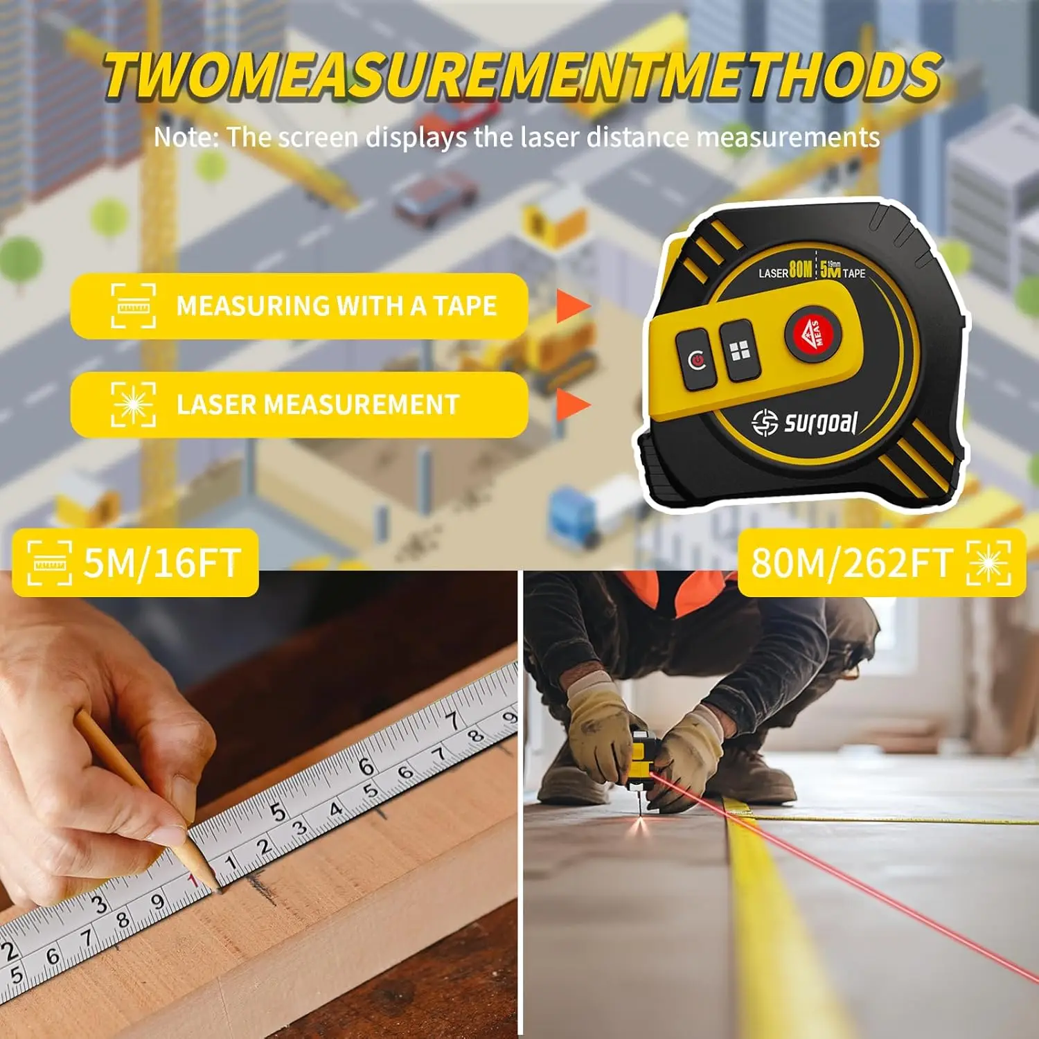 SURGOAL Multifunction Rechargeable 80m with 5m tape LCD Display with Backlight Laser Rangefinder Laser Tape Distance Measure