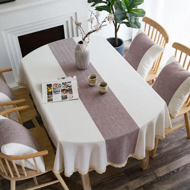 Oval Tablecloth with Lace Linen Dining Table Cloth Farmhouse Ellipse Table Cover Modern Style Rustic Dining Table Cloth 185cm