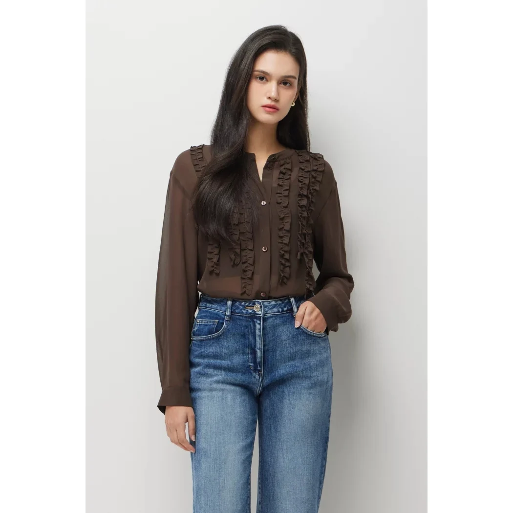 

Mimifafa SISLY Pure Original 26 New Gentle Atmosphere Transparent Feeling Wooden Ear Small Shirt Women's Long Sleeve Shirt